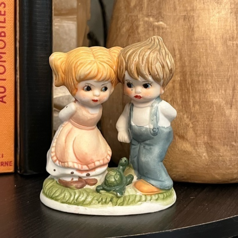 Vintage Ceramic Little Boy and Girl with a Turtle